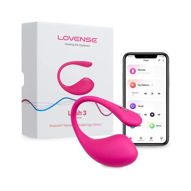 Pink Lovense Lush 3 with white box and Remote app screen