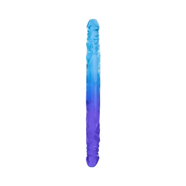 Blush B Yours Sugar Stud blue-purple double-ended dildo upright view with blue and purple ends