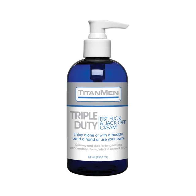 TitanMen Triple Duty Cream blue 8 oz bottle with white pump and silver label