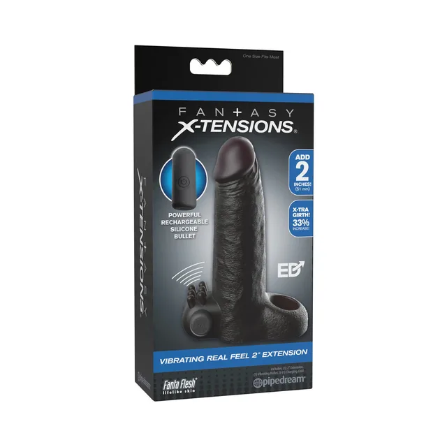Pipedream Fantasy X-Tensions black 2-inch extension retail package with sleeve and rechargeable bullet pictured