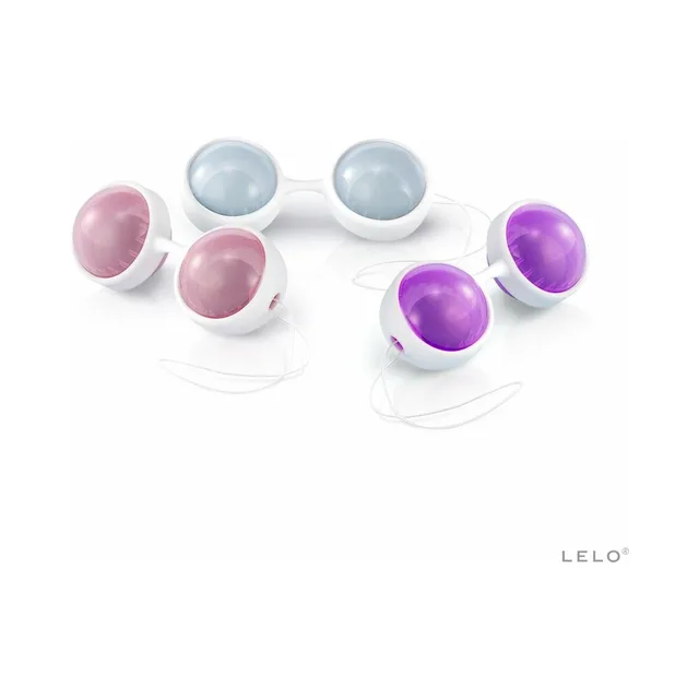 Pink, purple and pale-blue connected Kegel ball pairs