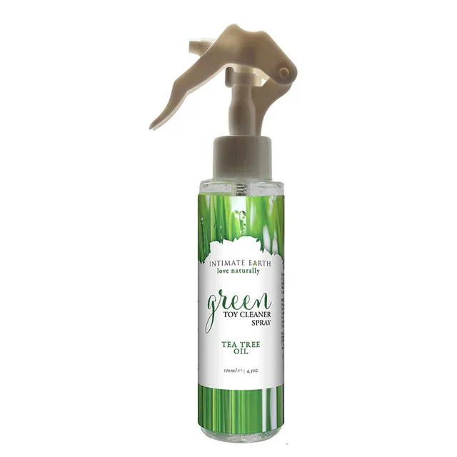 Intimate Earth Green Toy Cleaner 4.1 oz clear bottle with beige trigger sprayer