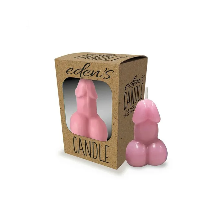 rose-pink sculpted Eden's penis candle beside kraft cardboard window carton