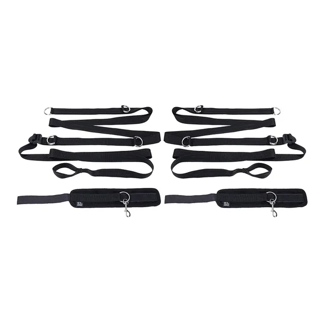 Sportsheets Shadow Anywhere You Dare restraint set all straps cuffs and clips laid out