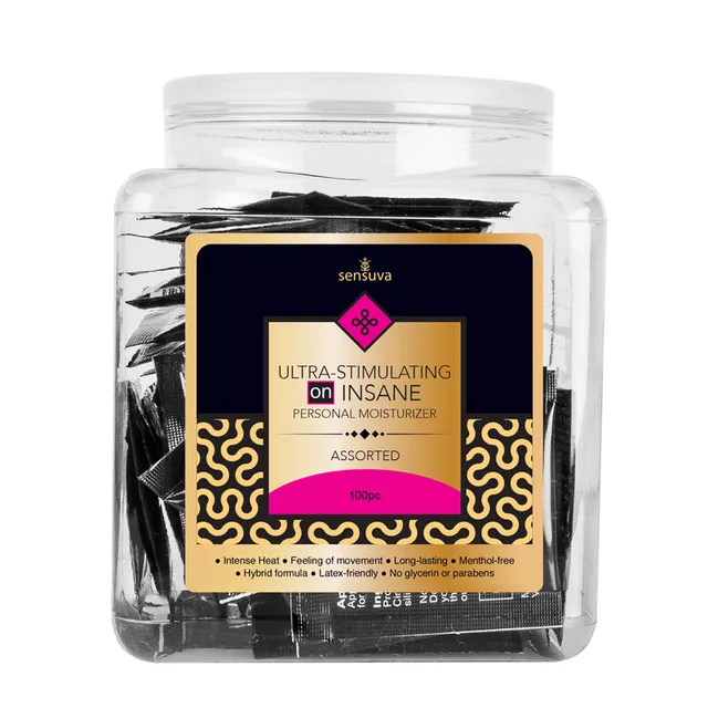Sensuva ON Insane 100-packet personal moisturizer in a clear square tub with black and gold label