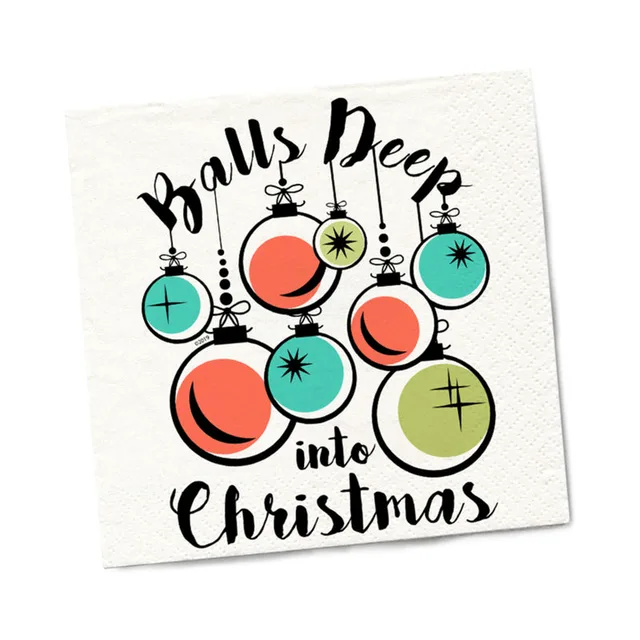 white napkin with Balls Deep Into Christmas text and colorful ornaments