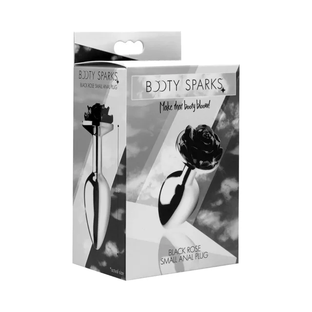 small silver Booty Sparks anal plug with sculpted black rose base on box