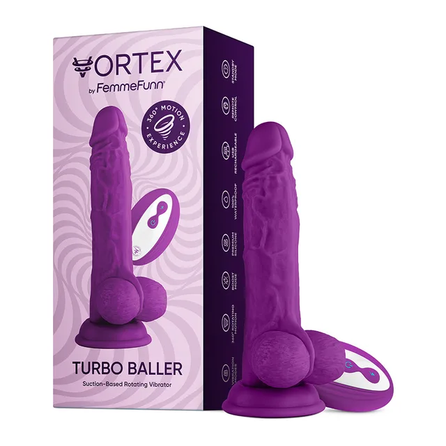 Purple Vortex Turbo Baller 2.0 dildo beside black retail box