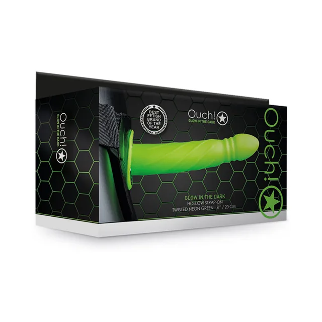 Neon-green Ouch Twisted 8-inch hollow strap-on retail box