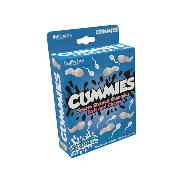 Blue Cummies display carton for white sperm-shaped gummy candy