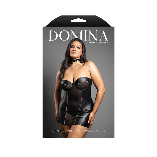 Domina package showing black zipper chemise with wide buckle halter in Queen size