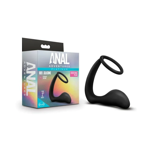 Anal Adventures Platinum black ring plug beside retail box