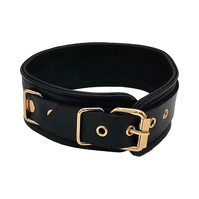 Rouge black leather collar with gold hardware buckle side view with adjustment holes