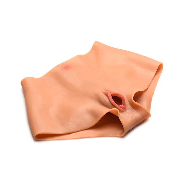 folded front angle of tan silicone Pussy Panties with molded opening