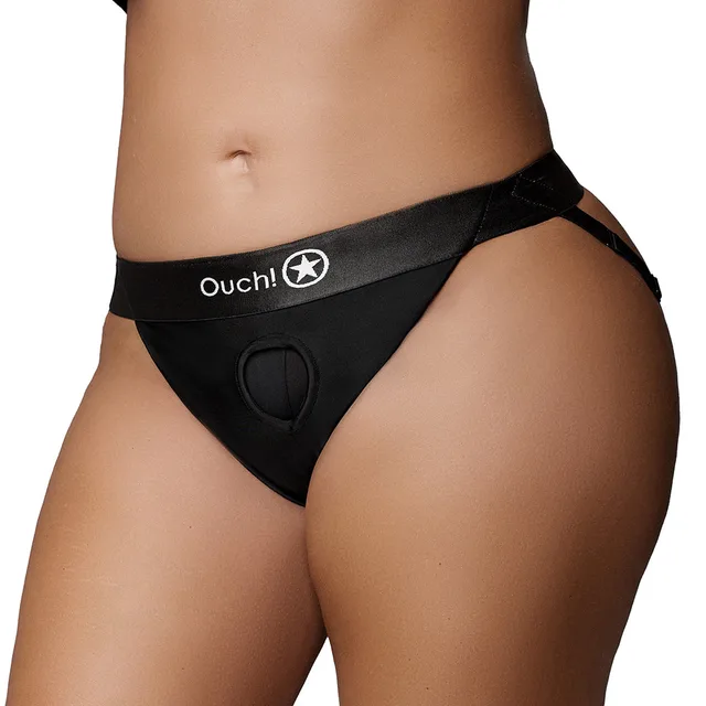 Shots Ouch black XL/2XL open-back vibrating strap-on panty harness front worn view
