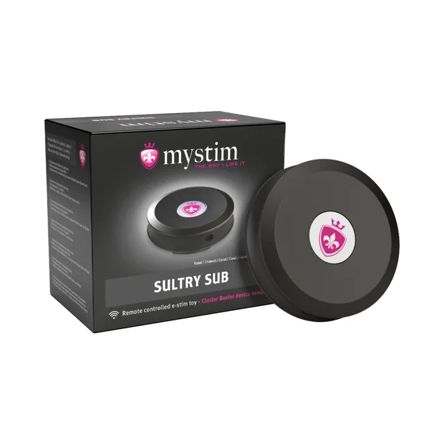 two round black Mystim Sultry Sub modules beside a black retail box
