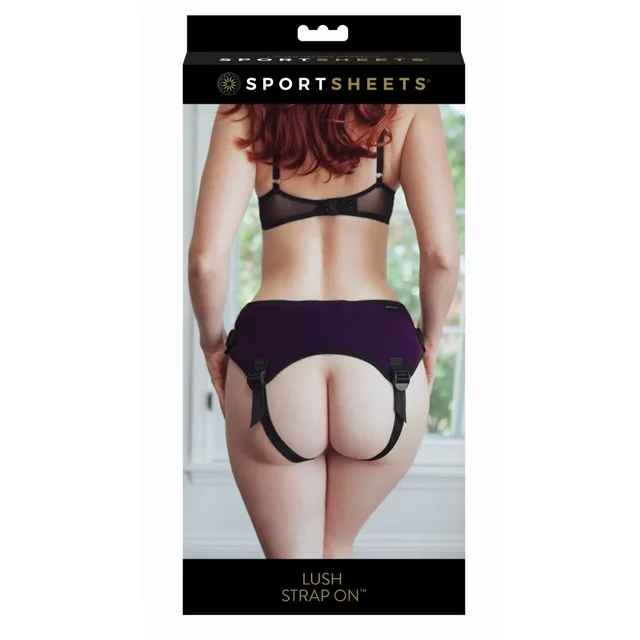 Sportsheets Lush Purple Strap-On Harness black retail carton with rear harness photo