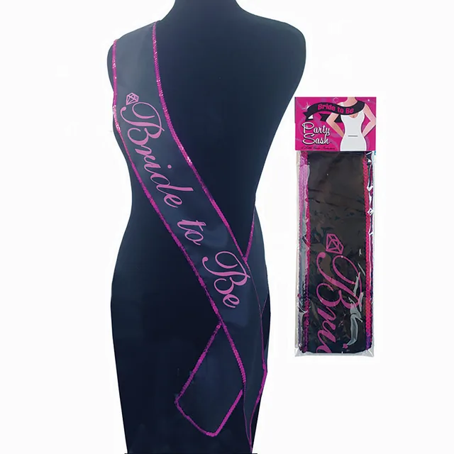 Bride to Be Party Sash black sash with pink script on mannequin and retail card