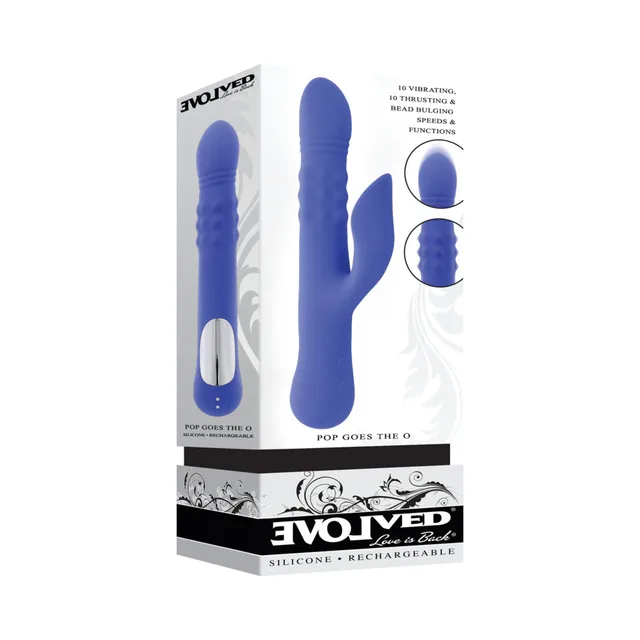 Evolved Pop Goes The O blue rabbit vibrator in white box