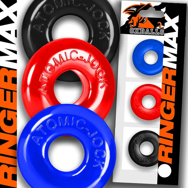 red blue and black OxBalls Ringer Max rings beside matching retail sleeve