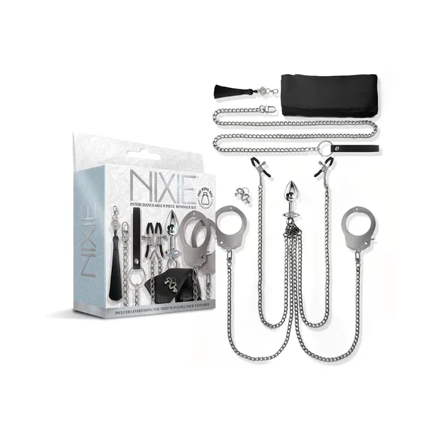 complete Nixie silver bondage kit arranged beside retail box