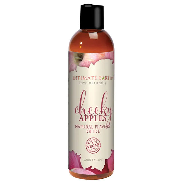 Intimate Earth Cheeky Apples 2-ounce liquid upright bottle with black cap and pink apple artwork label