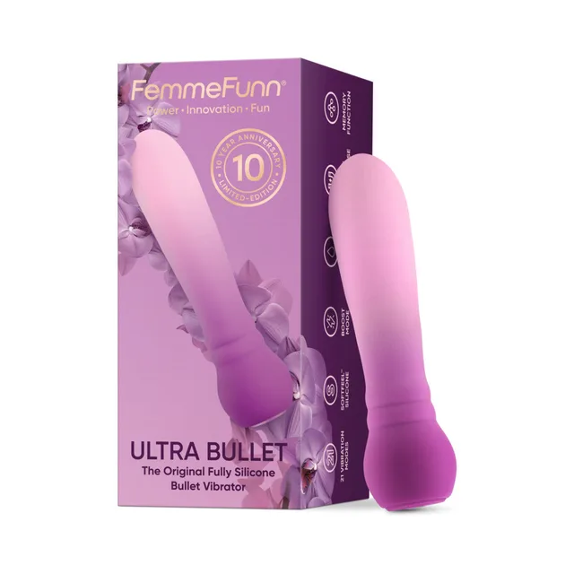 Orchid FemmeFunn Ultra Bullet displayed beside purple anniversary box