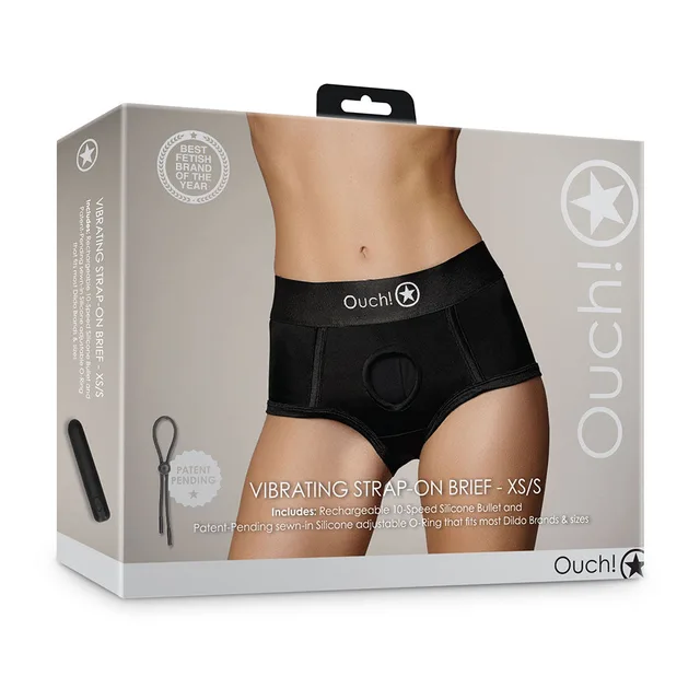 Shots Ouch black XS/S vibrating strap-on brief front retail box
