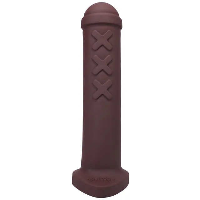 Front view of garnet Tantus Amsterdam with raised triple-X side motif