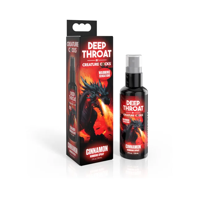 Creature Cocks Deep Throat Cinnamon 1 oz pump bottle beside black-and-red dragon retail box