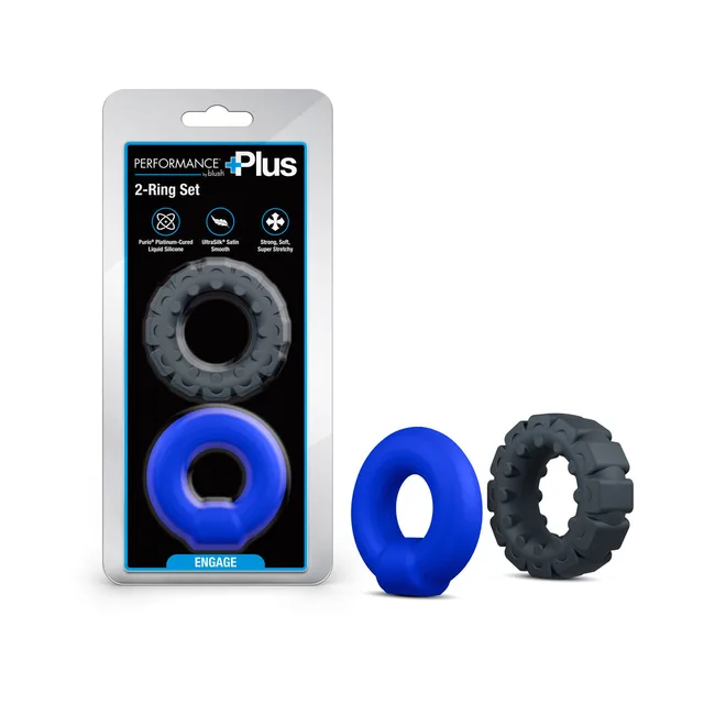 Performance Plus Engage blue and black rings beside package