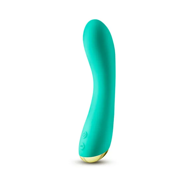 Front angle of teal curved G-spot vibrator