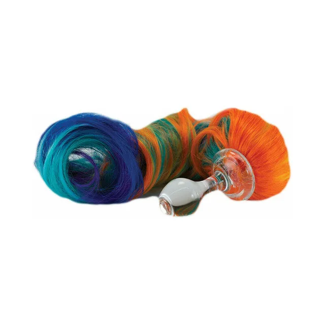 clear glass plug attached to long curled rainbow pony tail