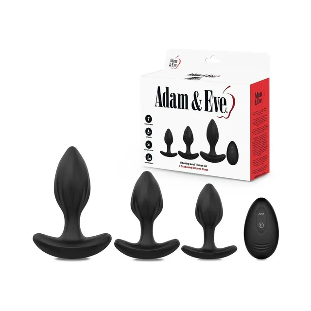Adam & Eve black vibrating anal trainer set three plugs and oval remote beside retail box