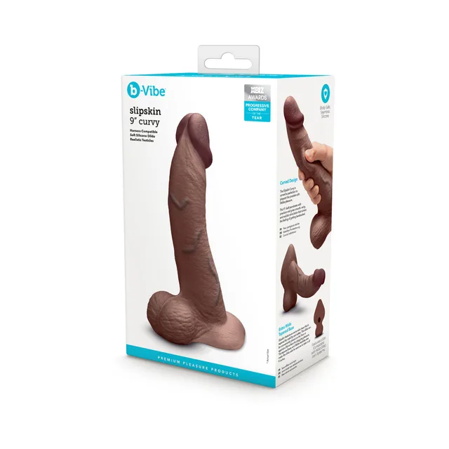 Brown 9-inch Slipskin Curvy dildo beside retail box