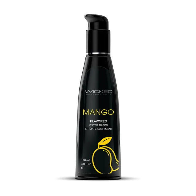 Front of black 4 oz Wicked Aqua Mango pump bottle with yellow mango graphic