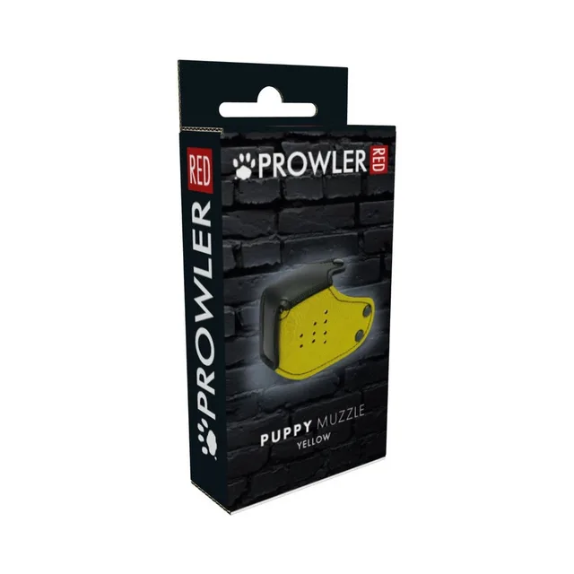 Prowler RED yellow neoprene Puppy Muzzle shown on black brick-pattern carton with perforated front and black trim