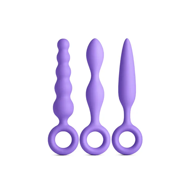 Three purple INYA Trio plugs with distinct shaft profiles