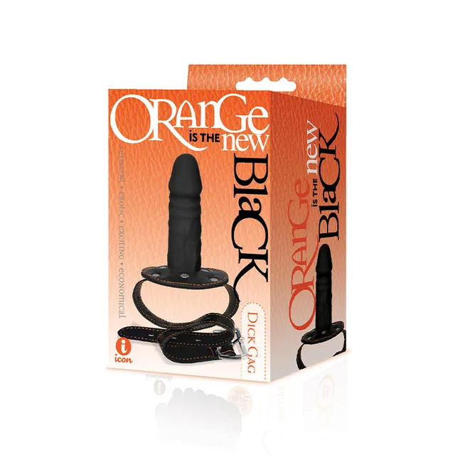 Black penis-shaped gag with orange stitching pictured on orange box