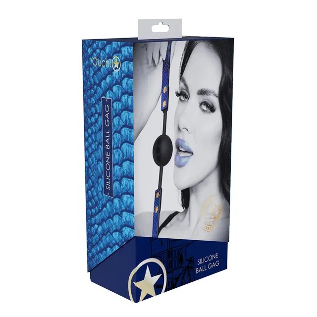 black silicone ball gag with blue snakeskin strap displayed on box