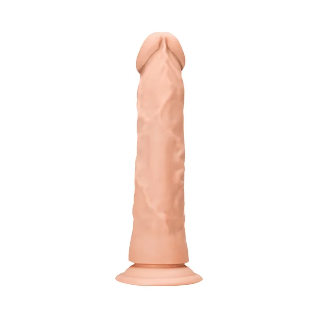 Angled beige nine-inch RealRock dildo with veined shaft
