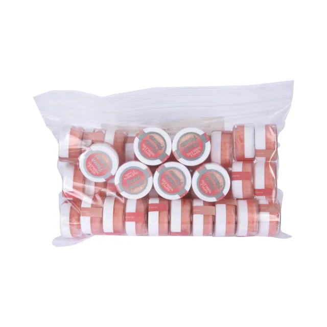clear bulk bag filled with 36 Peach Pizazz balm pots with peach labels and white lids