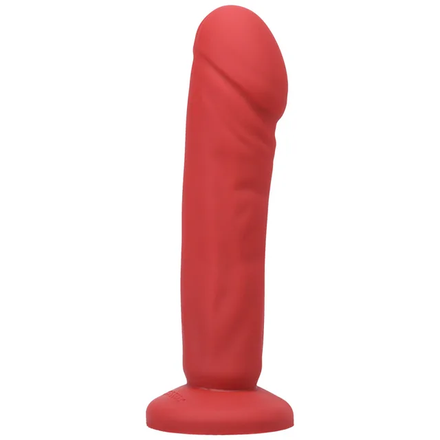 Red Tantus Vamp dildo angled left with broad circular base