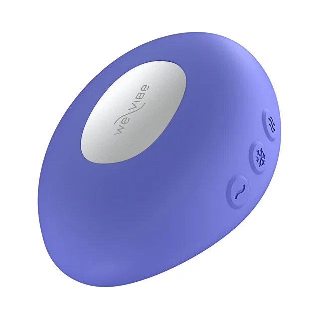 Lavender blue We-Vibe Temp angled top view with silver panel