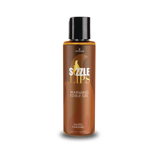 Sensuva Sizzle Lips Salted Caramel Gel 4.2 oz tall brown bottle with black cap and white gold label