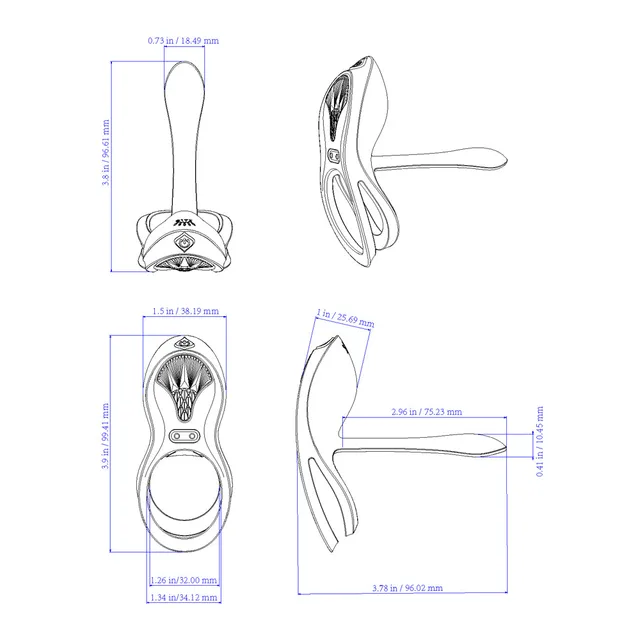 Zalo Legend Bayek Velvet Purple harness ring vibrator set dimension drawing of ring, straps and tapered arm