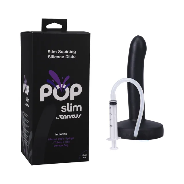 Tantus POP Slim Midnight black dildo with syringe beside retail box