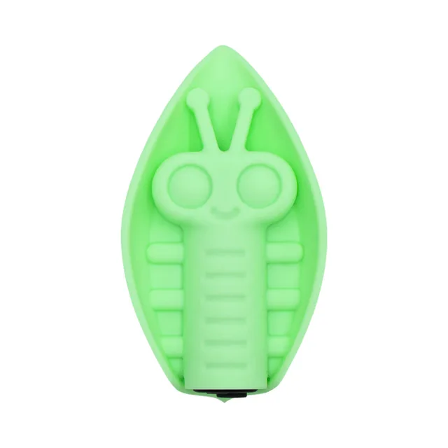 mint-green Zeep leaf-shaped vibrator with raised insect character design