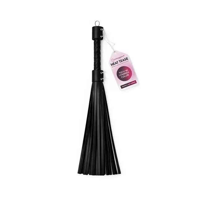 Pink Elephant Heat Tease black and pink flogger black tails, rectangular riveted handle, hanging ring and product tag