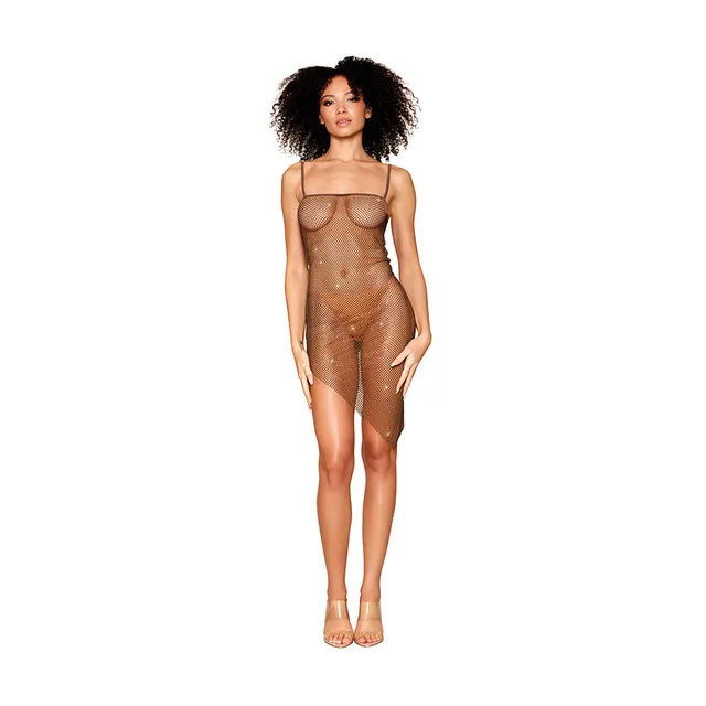 model wearing espresso Dreamgirl rhinestone fishnet chemise in size S